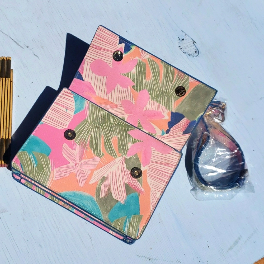 NM Neiman Marcus Floral Bag Crossbody Strap + Handle Preppy Tropical Pink Green
